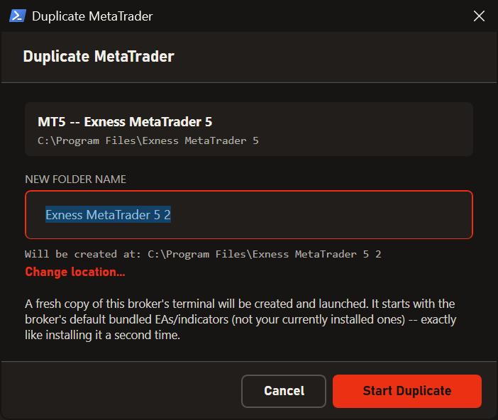Duplicate MetaTrader window with copy progress