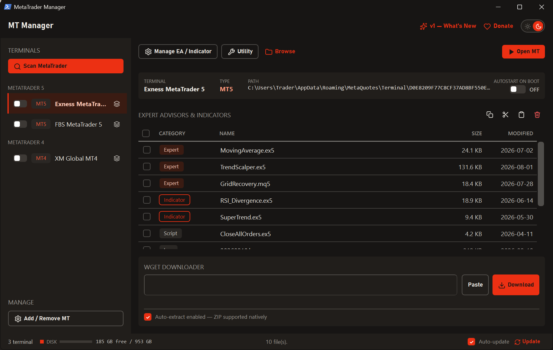 MT Manager main window showing detected MetaTrader terminals and their files